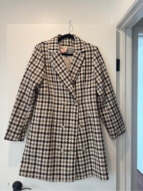 IJOAH Tweed Double-Breasted Coat Blazer | Size Medium | Black & Cream Plaid